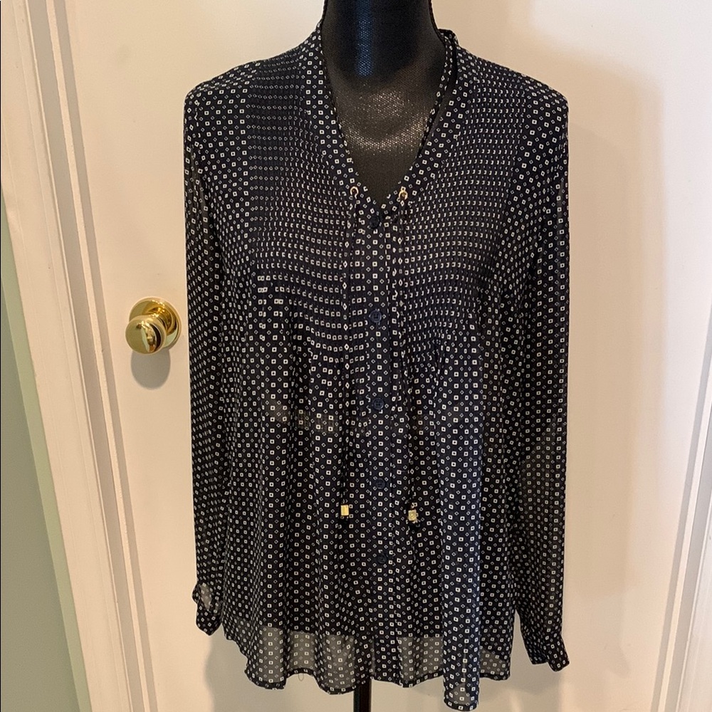 Michael Kors Blue and White Relaxed Tie Front Blouse